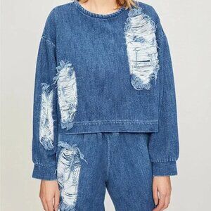Designer Fall/Winter 2018 Ready-To-Wear Collection Distressed Denim Top/Sweater